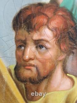 Ancien Tableau Simon de Cyrène aide Jésus Peinture Huile Oil Painting Jesus