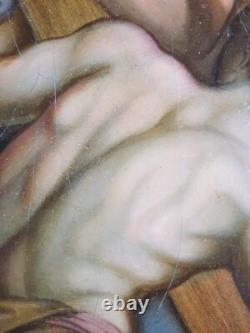 Ancien Tableau Simon de Cyrène aide Jésus Peinture Huile Oil Painting Jesus