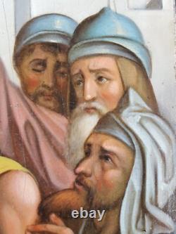 Ancien Tableau Simon de Cyrène aide Jésus Peinture Huile Oil Painting Jesus