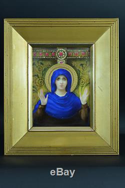 Ancien Tableau Symboliste Plaque Porcelaine Portrait Vierge Orante 19e Limoges