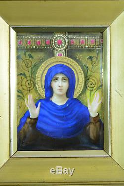 Ancien Tableau Symboliste Plaque Porcelaine Portrait Vierge Orante 19e Limoges