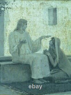 Ancien Tableau Symboliste Scène de la Passion Christ Paysage monogramme 19e X 2
