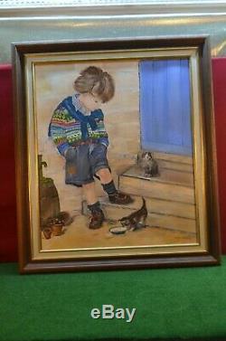 Ancien Tableau Toile Peinture Huile L Enfant Aux Chat