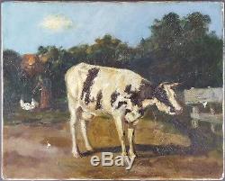 Ancien Tableau Vache à la Ferme Peinture Huile Antique Oil Painting