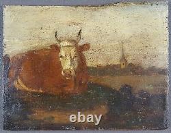 Ancien Tableau Vache au Pré Peinture Huile Antique Oil Painting Cow Animal