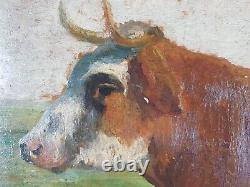 Ancien Tableau Vache au Pré Peinture Huile Antique Oil Painting Cow Meadow