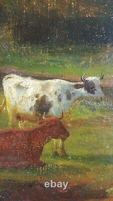 Ancien Tableau Vaches au Pâturage Peinture Huile Antique Oil Painting Gemälde