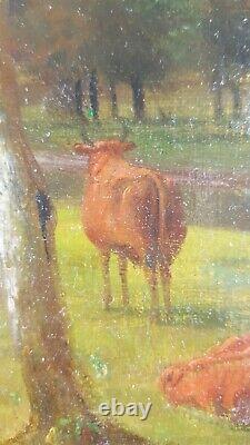 Ancien Tableau Vaches au Pâturage Peinture Huile Antique Oil Painting Gemälde