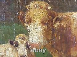 Ancien Tableau Vaches et Moutons au Pâturage Peinture Huile Oil Painting Cows