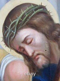 Ancien Tableau Véronique Essuie le Visage de Jésus Peinture Huile Oil Painting