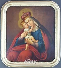 Ancien Tableau Vierge Marie et Jésus Couronnés Peinture Huile Antique Painting