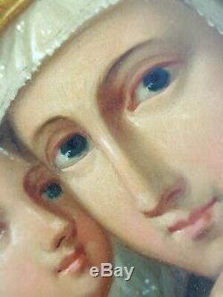 Ancien Tableau Vierge Marie et Jésus Couronnés Peinture Huile Antique Painting