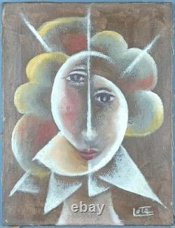 Ancien Tableau Visage Peinture Huile Toile Oil Painting Original Cubism Face