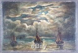 Ancien Tableau Voiliers au Clair de Lune Peinture Huile Antique Oil Painting
