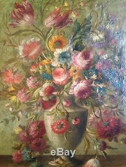 Ancien Tableau XIXe Bouquet de Fleurs Vase Médicis 19e