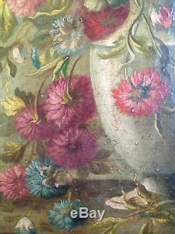 Ancien Tableau XIXe Bouquet de Fleurs Vase Médicis 19e
