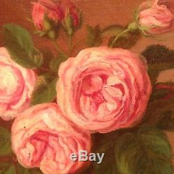 Ancien Tableau XIXe Bouquet de Rose Ecole Française Huile sur Toile Antique Oil