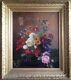 Ancien Tableau XIXe Grand Bouquet de Fleurs et Roses sur entablement c1879