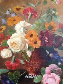 Ancien Tableau XIXe Grand Bouquet de Fleurs et Roses sur entablement c1879