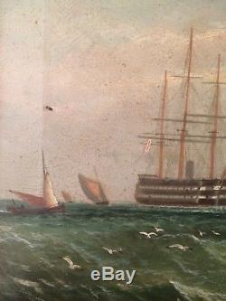 Ancien Tableau XIXe Marine Flotte Bateau Vaisseaux Anglais Huile sur toile Signé