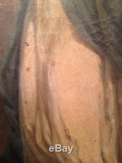 Ancien Tableau XIXe Portrait de la Vierge croissant de Lune Huile sur Toile 19th
