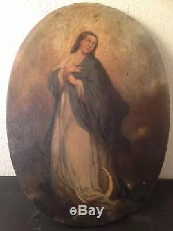 Ancien Tableau XIXe Portrait de la Vierge croissant de Lune Huile sur Toile 19th