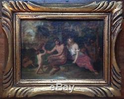 Ancien Tableau XIXe Satyre et Nymphe Putti dans les bois Huile sur toile 19e