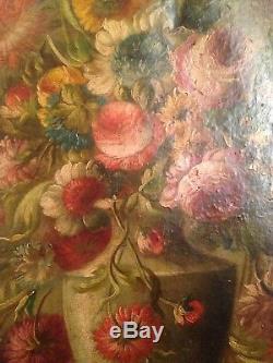 Ancien Tableau XVIIIe XIXe Bouquet de Fleurs Vase Médicis 18ème 19ème