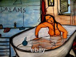 Ancien Tableau XX huile su toile nu féminin femme nue érotique figuratif curiosa