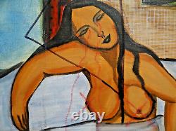 Ancien Tableau XX huile sur toile nu féminin femme nue baignoire figuratif signé