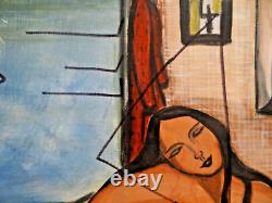 Ancien Tableau XX huile sur toile nu féminin femme nue baignoire figuratif signé