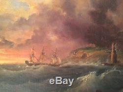 Ancien Tableau début XIXe Marine Bateaux Bord de mer Huile sur toile 19thc