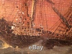Ancien Tableau début XIXe Marine Bateaux Bord de mer Huile sur toile 19thc