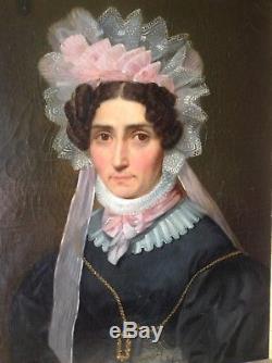 Ancien Tableau époque Restauration Portrait Femme Coiffe de Dentelle Huile toile