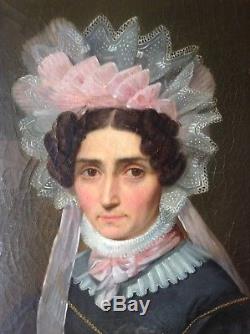 Ancien Tableau époque Restauration Portrait Femme Coiffe de Dentelle Huile toile
