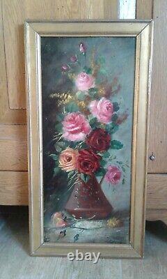 Ancien. Tableau huile. Nature morte au bouquet de Roses. 1900