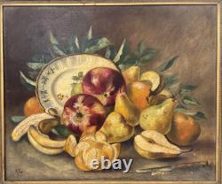 Ancien Tableau huile Sur Toile Nature morte aux Fruits/signe Encadré /peinture