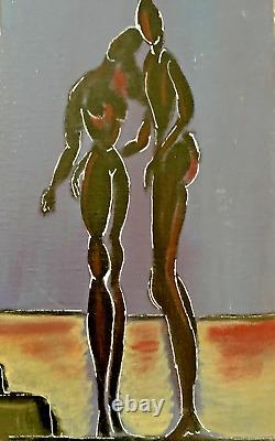 Ancien Tableau huile peinture figuratif scène de genre femme couple silhouettes