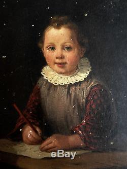 Ancien Tableau / huile sur Bois, Joli Portrait d'enfant signée voir photos