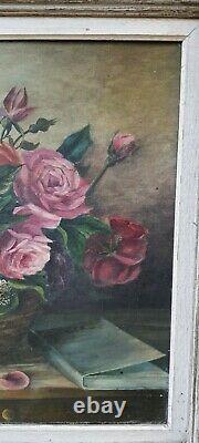 Ancien Tableau huile sur toile Bouquet de fleurs