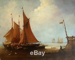 Ancien Tableau / huile sur toile signée WILLIAMS. Marine, bateaux de pêche