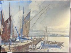 Ancien Tableau marine port voiliers signé Jean Darignan huile sur toile