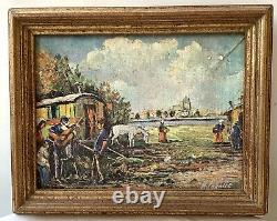 Ancien Tableau peinture camp de gitans bohémiens signée vintage