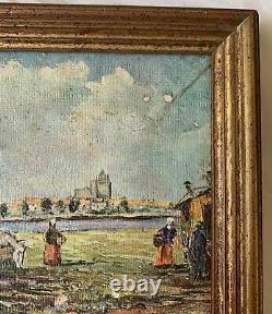 Ancien Tableau peinture camp de gitans bohémiens signée vintage