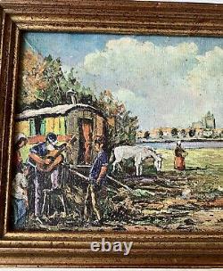 Ancien Tableau peinture camp de gitans bohémiens signée vintage