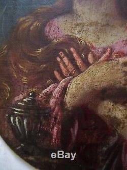 Ancien Tableau peinture ovale huile XVIIIe 18e portrait Femme, Religion Sainte