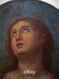 Ancien Tableau peinture ovale huile XVIIIe 18e portrait Femme, Religion Sainte