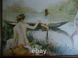 Ancien Tableau toile peinture à l'huile signée Palmes Nue femme au lac étang