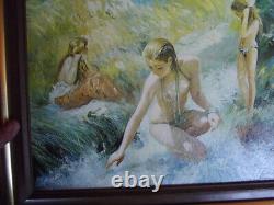 Ancien Tableau toile peinture à l'huile signée Palmes Nue femme dans le Torrent