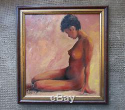 Ancien beau petit tableau nu féminin femme nue signé érotisme érotique métisse